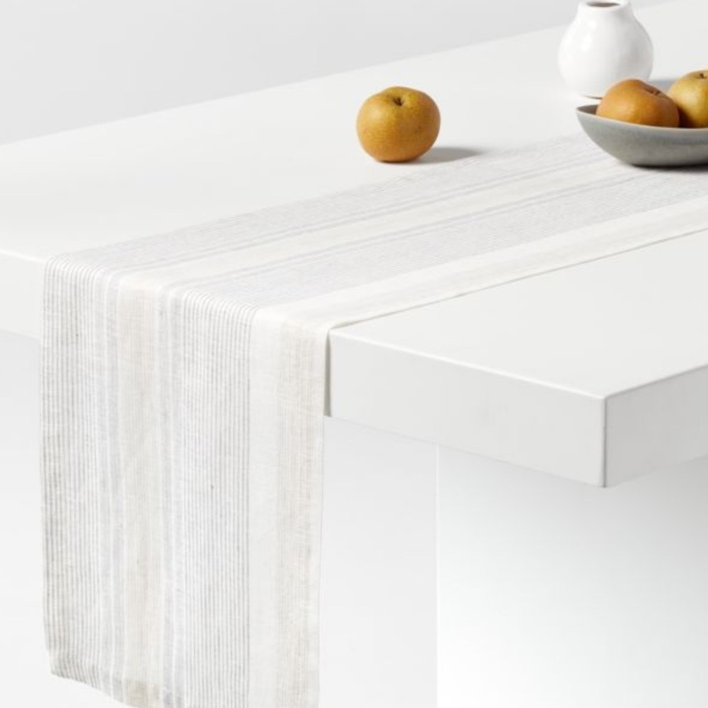 Crate and Barrel Chesney Grey Stripe 100% Linen Table Runner 14x90in. NWT